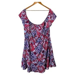4/$45 NVME Blue Red Pailsey Floral Off the Shoulder Mini Length Boho Dress 4XL